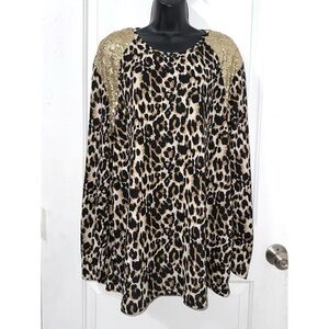 Grace & Emma leopard print long sleeve top with gold sequins on shoulder
